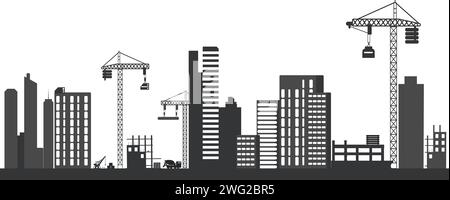 Black silhouette of a construction site isolated on transparent background. Construction cranes over buildings.  Stock Vector