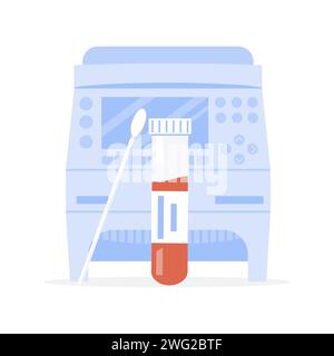 Covid-19 RT PCR machine and testing tube with swab sample or probe with blood. Thermocycler for Coronavirus test. Thermal cycler for polymerase chain Stock Vector