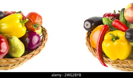 Set of vegetables and fruits in a wicker basket isolated on a white background. There is free space for text. Collage. Wide photo. Stock Photo