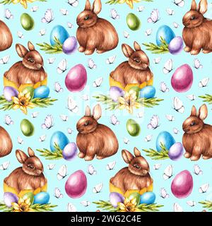 Watercolor Easter pattern with Easter bunnies and eggs. Watercolor seamless pattern of hand drawn elements for design of fabrics, wallpapers, stickers Stock Photo