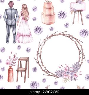 Watercolor wedding pattern with newlyweds and wedding arch and accessories in pastel shades in boho style. Bohemian wedding pattern for the design of Stock Photo