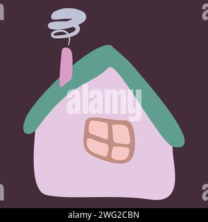 Small Colorful crooked house in Flat style with Smoke from Chimney, Roof and Window. Cartoon Children drawing Vector Isolated illustration. Design art Stock Vector