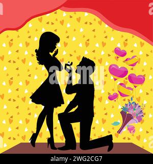 Immerse in the warmth of love with our Valentine's Day vector. A silhouette of a couple, with the man proposing, is set against a backdrop of golden h Stock Vector