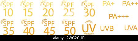 Set of simple flat SPF sun protection icons for sunscreen packaging. UV protection for skin. Stock Vector