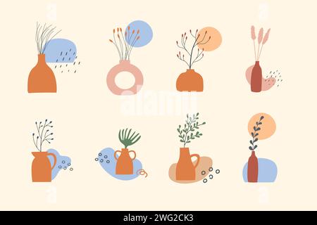 Set of clay vases with green and dry plants. Branches and twigs in earthen jug. Minimalistic foliage decoration for cozy home interior in Scandinavian Stock Vector
