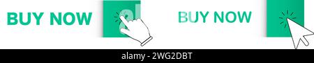 Buy now button with hand cursor. Button hand pointer clicking. Click here banner with shadow.  Stock Vector