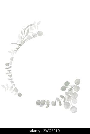 Trendy Grey and dusty green watercolor circle eucalyptus frame banner. Spring and winter oval botanical border illustration for wedding, greeting card Stock Photo