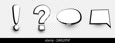 Speech bubble set vector, Exclamation point and question mark. Collection of empty comic speech bubbles with halftone. Stock Vector