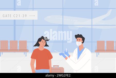 PCR testing at airport poster. Concept of travelling with fit to fly certificate. Covid test before departure or on arrival. A male doctor wearing fac Stock Vector