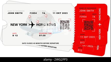 Realistic airline tickets design with passenger name. 2 tickets torn off.  Stock Vector