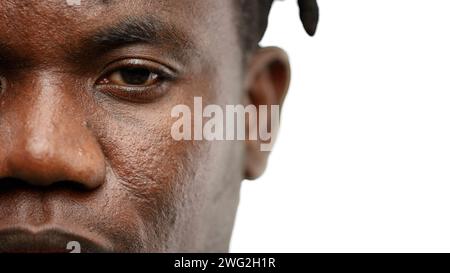 Man's face, close-up, on a white background Stock Photo