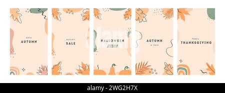 Bohemian Autumn mood botanical instagram story templates. Set of modern fall season vertical cards or banners with forest foliage and abstract geometr Stock Vector
