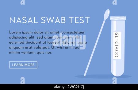 Vector Horizontal Banner Template for Nasal Swab Laboratory Analysis with place for text. Covid-19 PCR test. Swab and tube Coronavirus testing. Illust Stock Vector