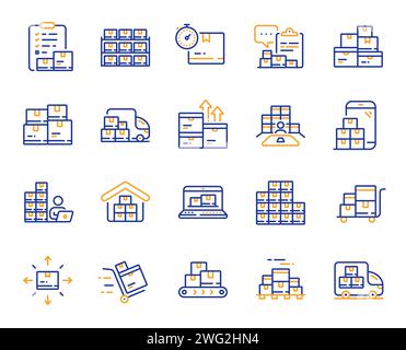 Inventory line icons. Warehouse manager, Wholesale stock and Goods checklist outline icons. Vector Stock Vector