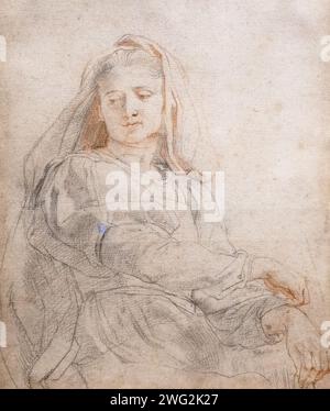 Peter Paul Rubens drawing; 'Study of a seated woman (The Virgin), 1604-5, Black and red chalk, informed the pose of the virgin Mary in later paintings Stock Photo