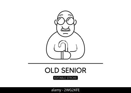 Old age man line icon. Retiree or pensioner person. Senior grandparent with cane stick. Vector Stock Vector