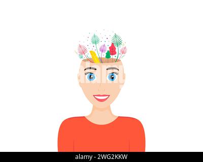 Mental health, positive mind and psychology concept. Head with leaves, trees. Positive thinking, healthy mind. Vector Stock Vector
