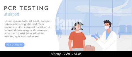 PCR testing at airport web banner template. Concept of travelling with fit to fly certificate. Covid test before departure. A male doctor wearing face Stock Vector