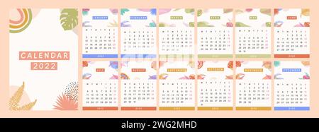 Modern calendar 2022 year. Tropical Abstract Planner with bright colorful hand drawn exotic plants in a bohemian style. Minimalistic abstract leaf ele Stock Vector