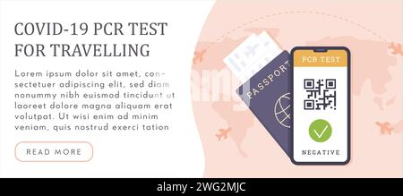 Concept of Travelling with pre-travel Covid-19 PCR test. A passport with airline boarding tickets and Coronavirus testing result on mobile phone scree Stock Vector