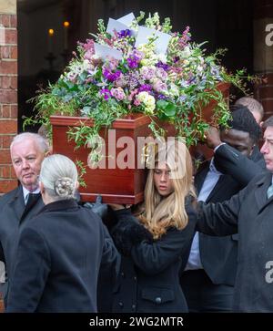 London, England, UK. 2nd Feb, 2024. Pallbearers carry the coffin of Derek Draper with daughter DARCEY out of St Mary The Virgin Church in London. (Credit Image: © Tayfun Salci/ZUMA Press Wire) EDITORIAL USAGE ONLY! Not for Commercial USAGE! Stock Photo