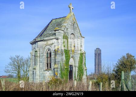 Vliegenierskapel, neglected WWI commemoration chapel for World War One aviator Paul de Goussencourt, crashed at Kaaskerke, Dixmude, Flanders, Belgium Stock Photo