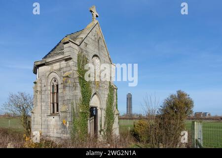 Vliegenierskapel, neglected WWI commemoration chapel for World War One aviator Paul de Goussencourt, crashed at Kaaskerke, Dixmude, Flanders, Belgium Stock Photo