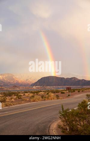 Double rainbow over Lake Mead National Park Recreation Area Stock Photo