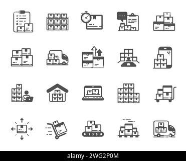 Inventory icons. Warehouse manager, Wholesale stock and Goods checklist simple icons. Vector Stock Vector