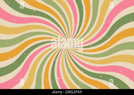 Groovy abstract background with colorful sunburst. Retro vector design in 1960-1970s style. Vintage swirl backdrop. Summer hippie carnival Stock Vector