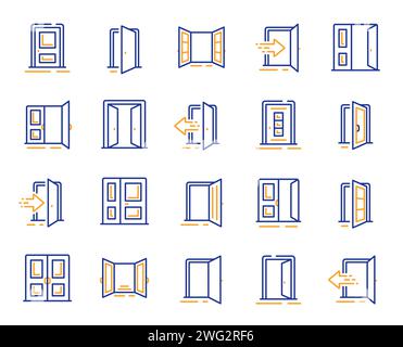 Entrance line icons. Open door, Building entry and Emergency exit outline icons. Vector Stock Vector