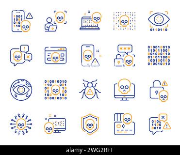 Cyber attack line icons. Phishing risk, Data ransomware and Binary code outline icons. Vector Stock Vector
