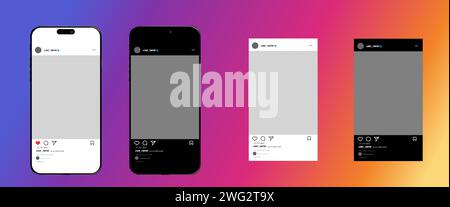 Post Instagram feed frame mockup with Iphone 15 smartphone mock up template design vector in light mode and dark mode  Stock Vector