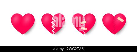 Broken hearts set of 3d realistic icons. Heartbreak with bandage. Vector Stock Vector