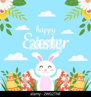 happy easter illustration in flat design style vector with a rabbit and eggs Stock Vector