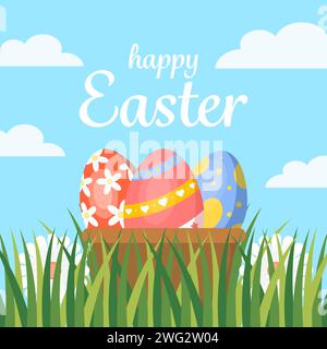 flat design happy easter day illustration with eggs on a bucket Stock Vector