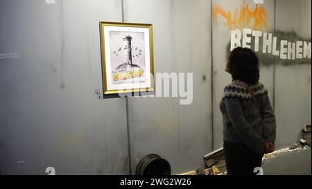 Stockholm, Sweden, December 29 2023. Art exhibition. The mystery of Banksy. A genius mind. Looking. Stock Photo