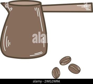 Coffee pot and coffee beans clip art. Saucepan for making Americano coffee in home kitchen, colored doodle sketch style. Brewing coffee beans Stock Vector