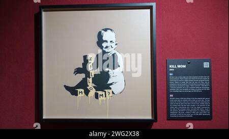 Stockholm, Sweden, December 29 2023. Art exhibition. The mystery of Banksy A genius mind. Mom. Stock Photo