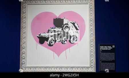 Stockholm, Sweden, December 29 2023. Art exhibition. The mystery of Banksy A genius mind. Someone else. Stock Photo