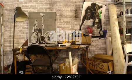 Stockholm, Sweden, December 29 2023. Art exhibition. The mystery of Banksy A genius mind. Studio. Stock Photo