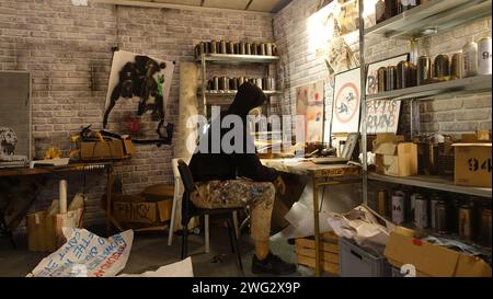 Stockholm, Sweden, December 29 2023. Art exhibition. The mystery of Banksy A genius mind. Studio. Stock Photo