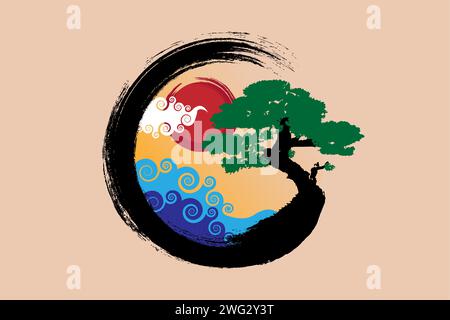 Japanese landscape on Enso Zen Circle, Bonsai Tree and big red sun, hand-drawn with colorful ink in traditional oriental style sumi-e, Vector logo Stock Vector