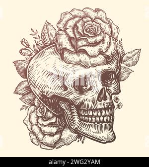 Skull and roses, flowers with leaves. Hand drawn vintage vector illustration Stock Vector