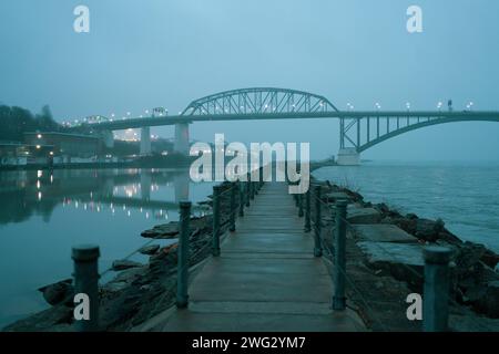 The Peace Bridge on a foggy evening, Buffalo, New York Stock Photo