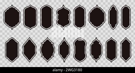 Versatile Islamic Vector Shapes Featuring Window and Door Arches. Arab Frames Set with Ramadan Kareem Silhouette Icons. Elegant Mosque Gate Designs. Silhouette with line offset Stock Vector