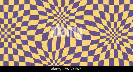 70s Vibes Groovy Checkerboard Patterns. Abstract Grid Backgrounds in a Psychedelic Retro Style in Yellow and Violet Colors. Stock Vector