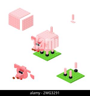 Concept with pink pig made from plastic bricks. Vector Stock Vector
