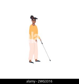 Blind person in glasses walking. Disabled african female with cane stick. Flat style characters. Vector illustration Stock Vector