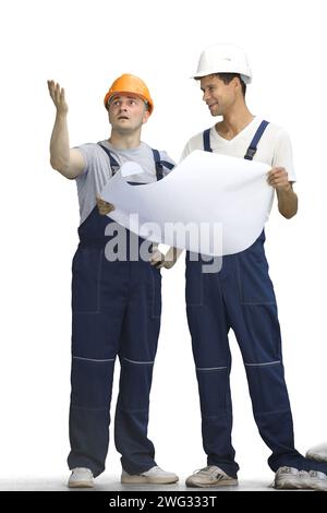 Two builders, on a white background, in full height Stock Photo